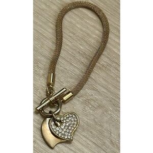 Vintage Style Gold Toggle Bracelet w/ Rhinestone & Plain Heart Charms, Cute